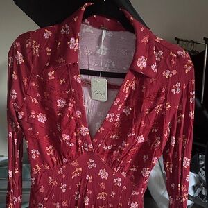 Free People Red Floral Long Sleeve Dress
